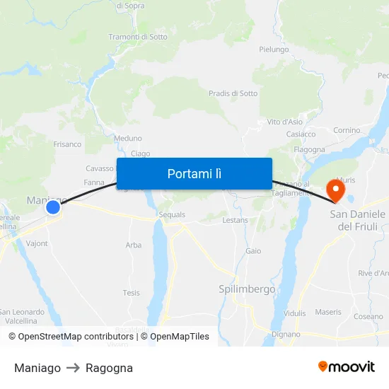 Maniago to Ragogna map