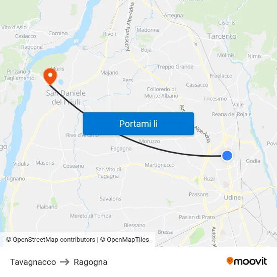 Tavagnacco to Ragogna map
