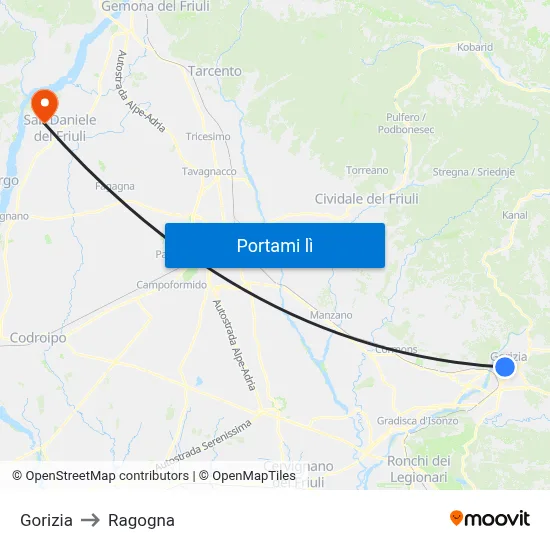 Gorizia to Ragogna map