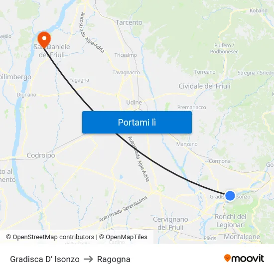 Gradisca D' Isonzo to Ragogna map