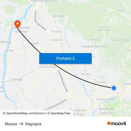 Mossa to Ragogna map