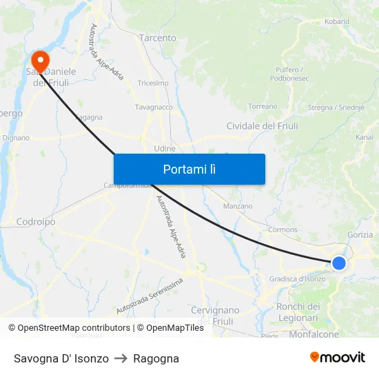 Savogna D' Isonzo to Ragogna map