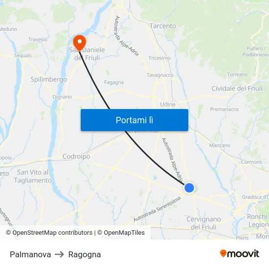 Palmanova to Ragogna map
