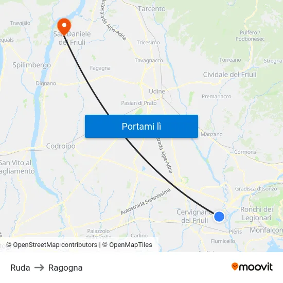 Ruda to Ragogna map