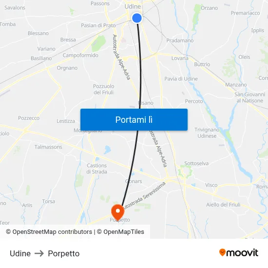 Udine to Porpetto map