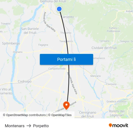Montenars to Porpetto map