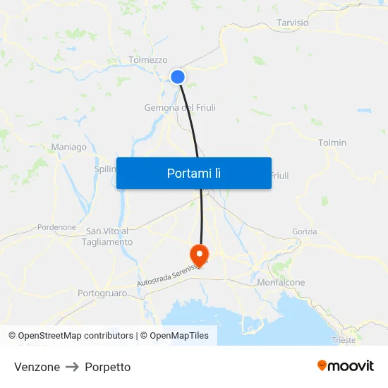 Venzone to Porpetto map