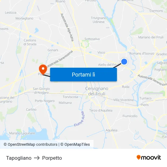 Tapogliano to Porpetto map