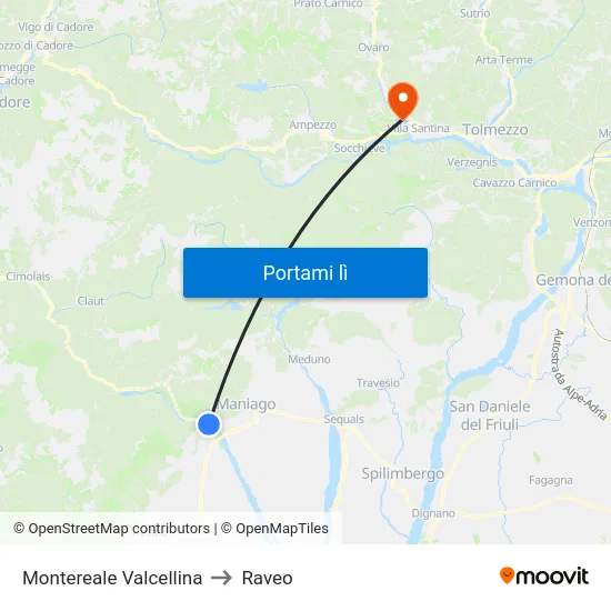 Montereale Valcellina to Raveo map