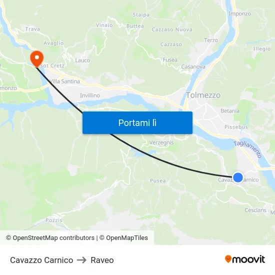 Cavazzo Carnico to Raveo map