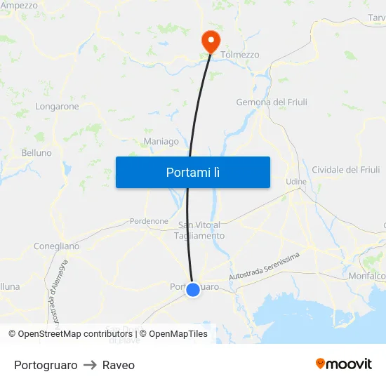 Portogruaro to Raveo map
