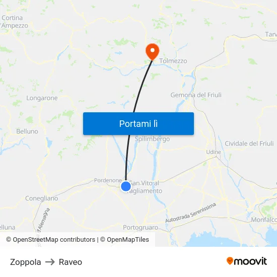 Zoppola to Raveo map