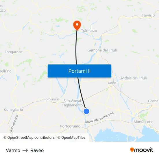 Varmo to Raveo map