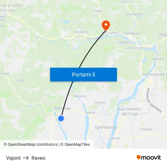 Vajont to Raveo map