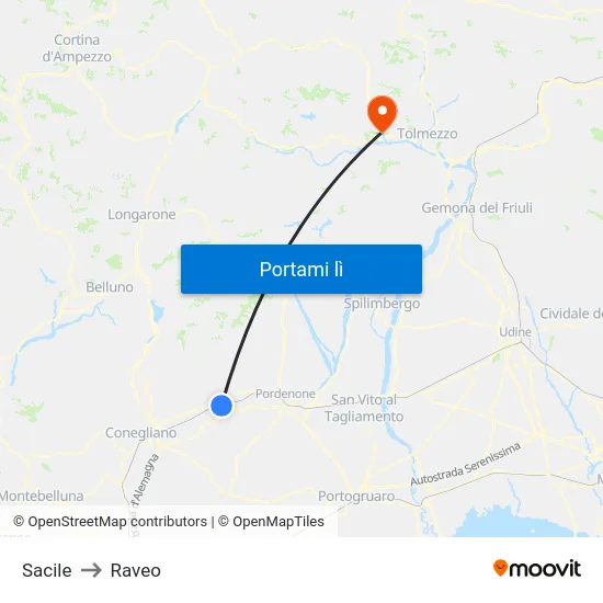 Sacile to Raveo map