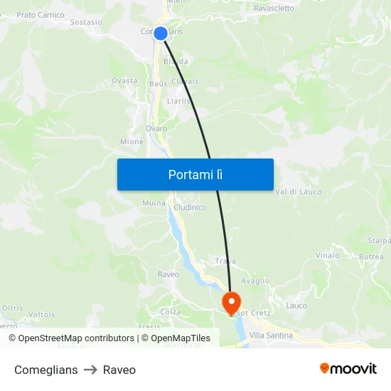Comeglians to Raveo map