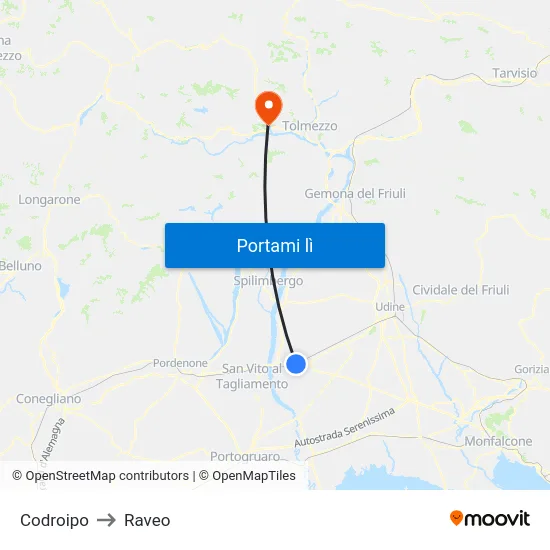 Codroipo to Raveo map