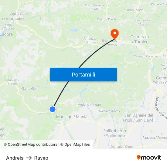 Andreis to Raveo map
