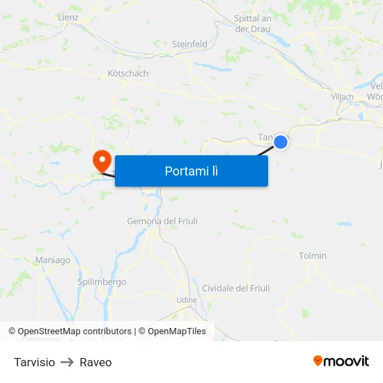 Tarvisio to Raveo map