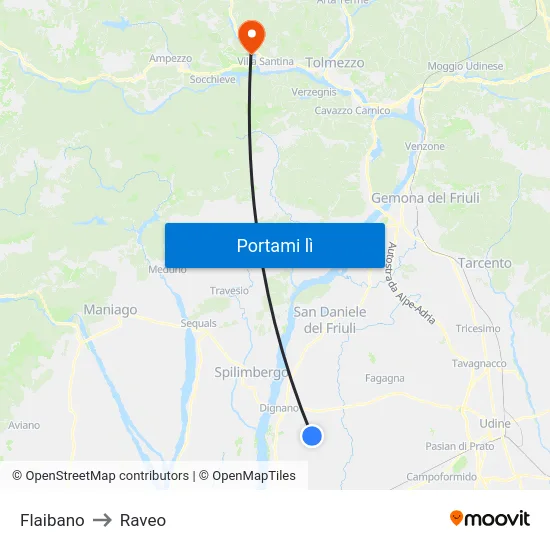 Flaibano to Raveo map