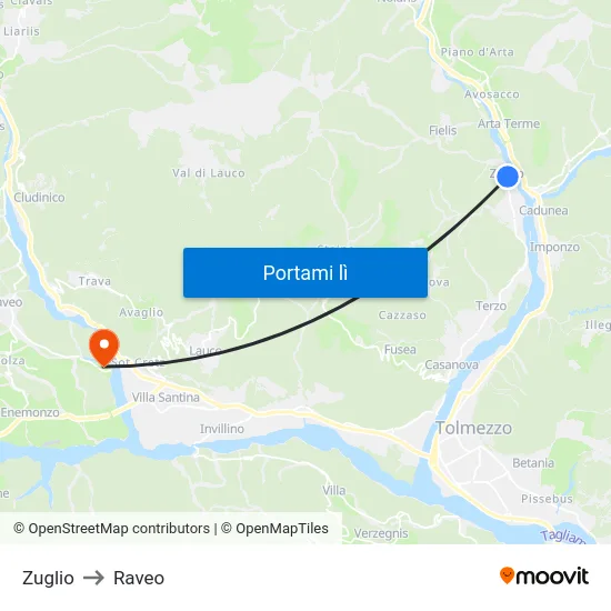 Zuglio to Raveo map
