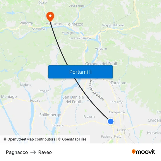 Pagnacco to Raveo map