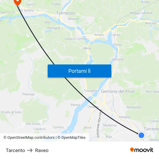 Tarcento to Raveo map