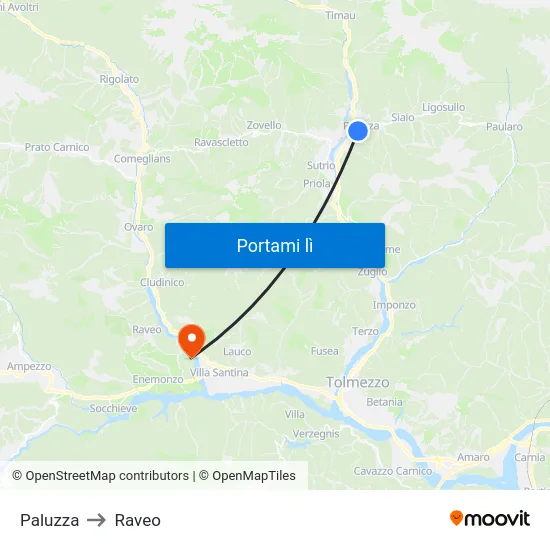Paluzza to Raveo map
