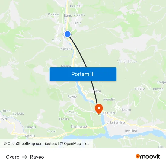 Ovaro to Raveo map