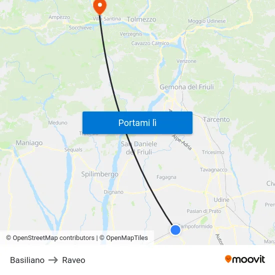 Basiliano to Raveo map
