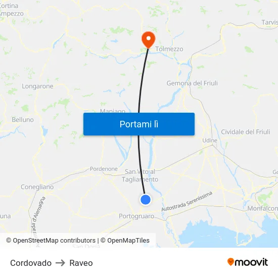 Cordovado to Raveo map