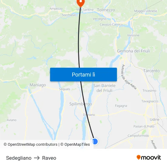 Sedegliano to Raveo map