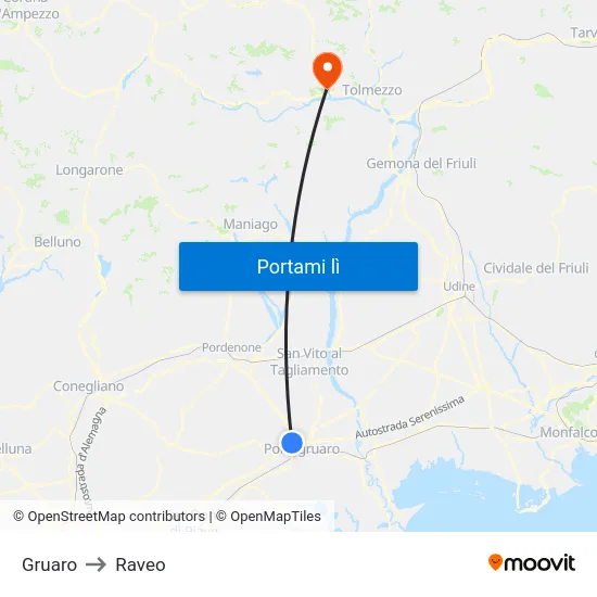 Gruaro to Raveo map