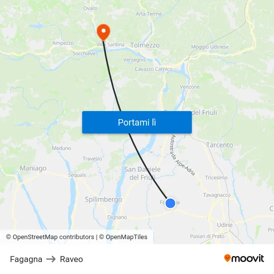 Fagagna to Raveo map