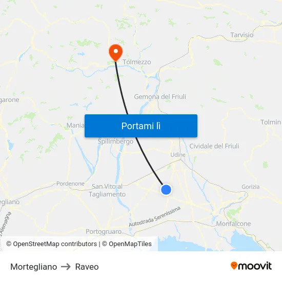 Mortegliano to Raveo map