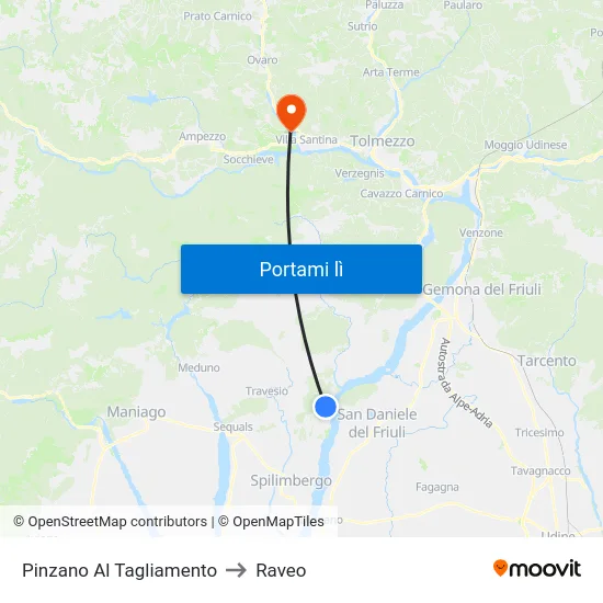 Pinzano Al Tagliamento to Raveo map