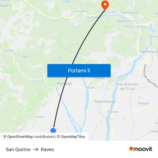 San Quirino to Raveo map