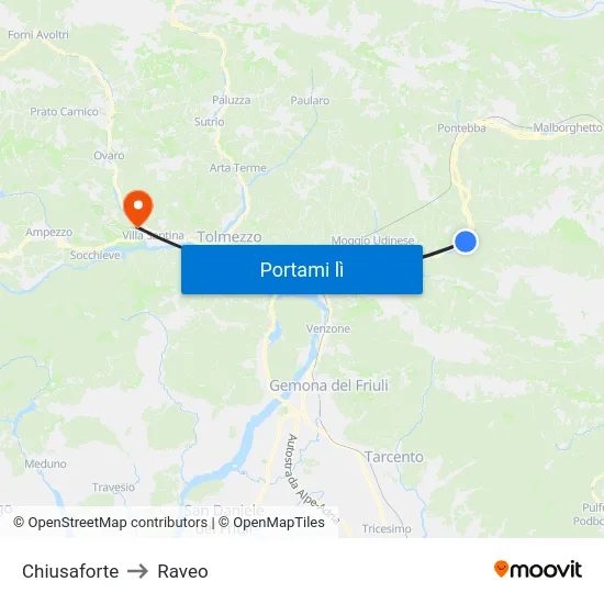 Chiusaforte to Raveo map