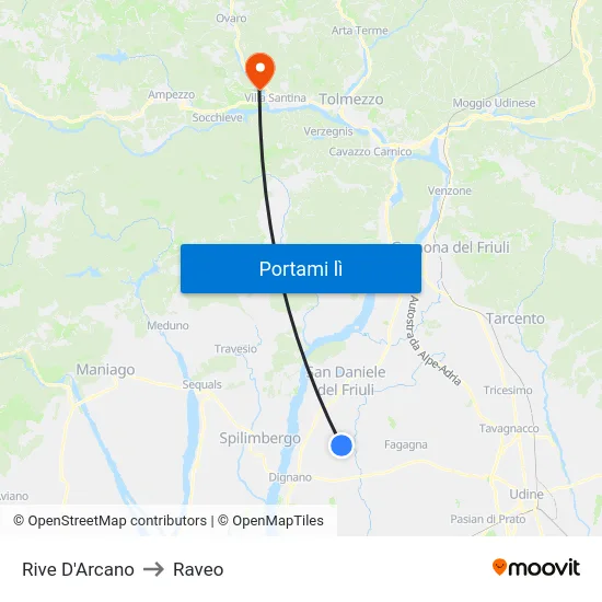 Rive D'Arcano to Raveo map