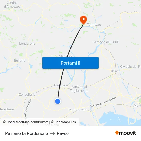 Pasiano Di Pordenone to Raveo map