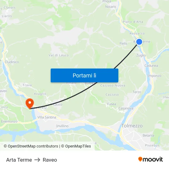 Arta Terme to Raveo map
