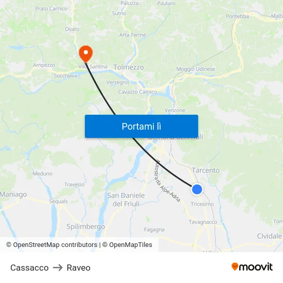 Cassacco to Raveo map
