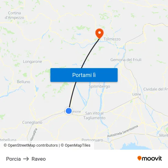 Porcia to Raveo map