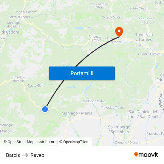 Barcis to Raveo map