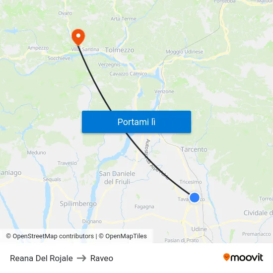 Reana Del Rojale to Raveo map