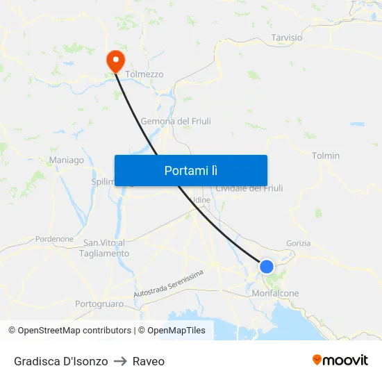 Gradisca D'Isonzo to Raveo map