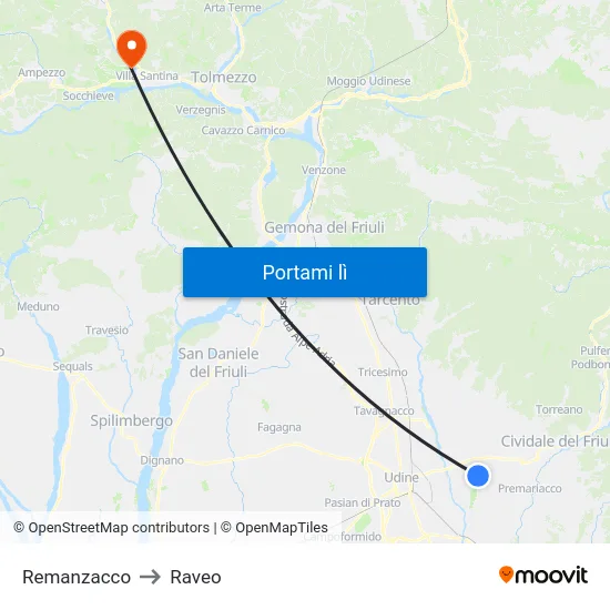 Remanzacco to Raveo map