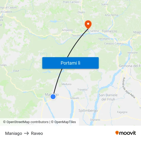 Maniago to Raveo map