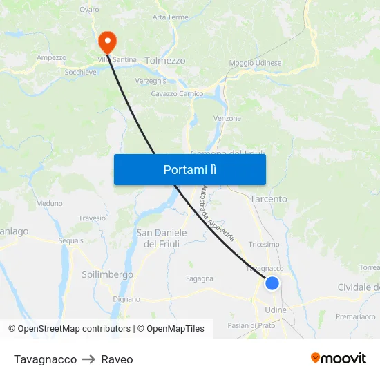 Tavagnacco to Raveo map