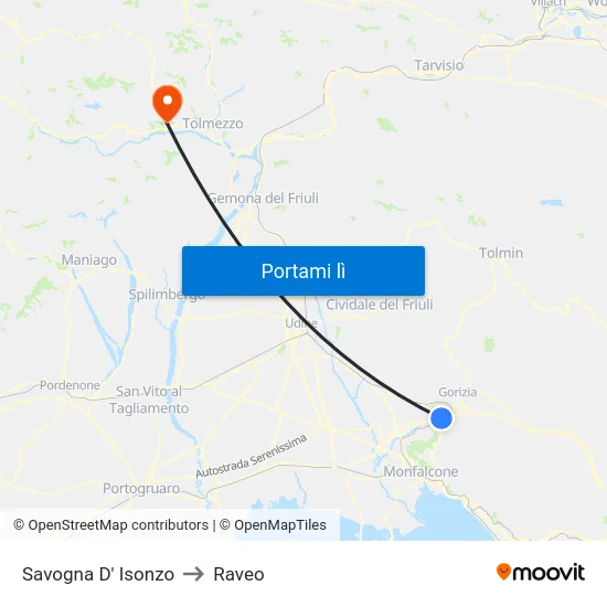 Savogna D' Isonzo to Raveo map